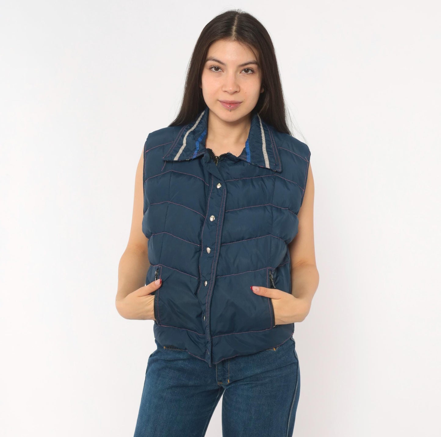 80s Frostline Kit Navy Puffer Vest Chevron Quilted Snap Front Small