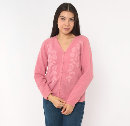 80s NKKC Rose Pink Lambswool Cardigan Floral Embroidered V-Neck Medium M