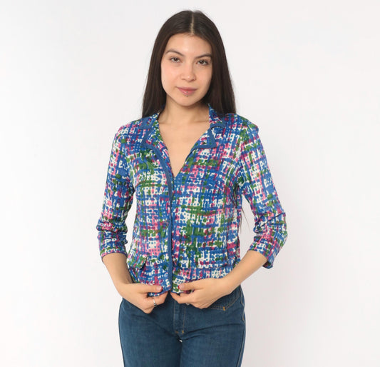 70s Puritan Forever Yours Abstract Crosshatch Blouse Blue Pink Green Small