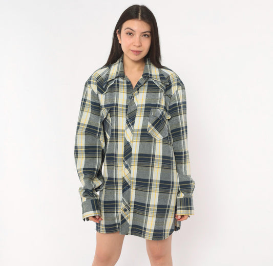 80s Navy Yellow Plaid Flannel Shirt Cotton Button Front Extra Large