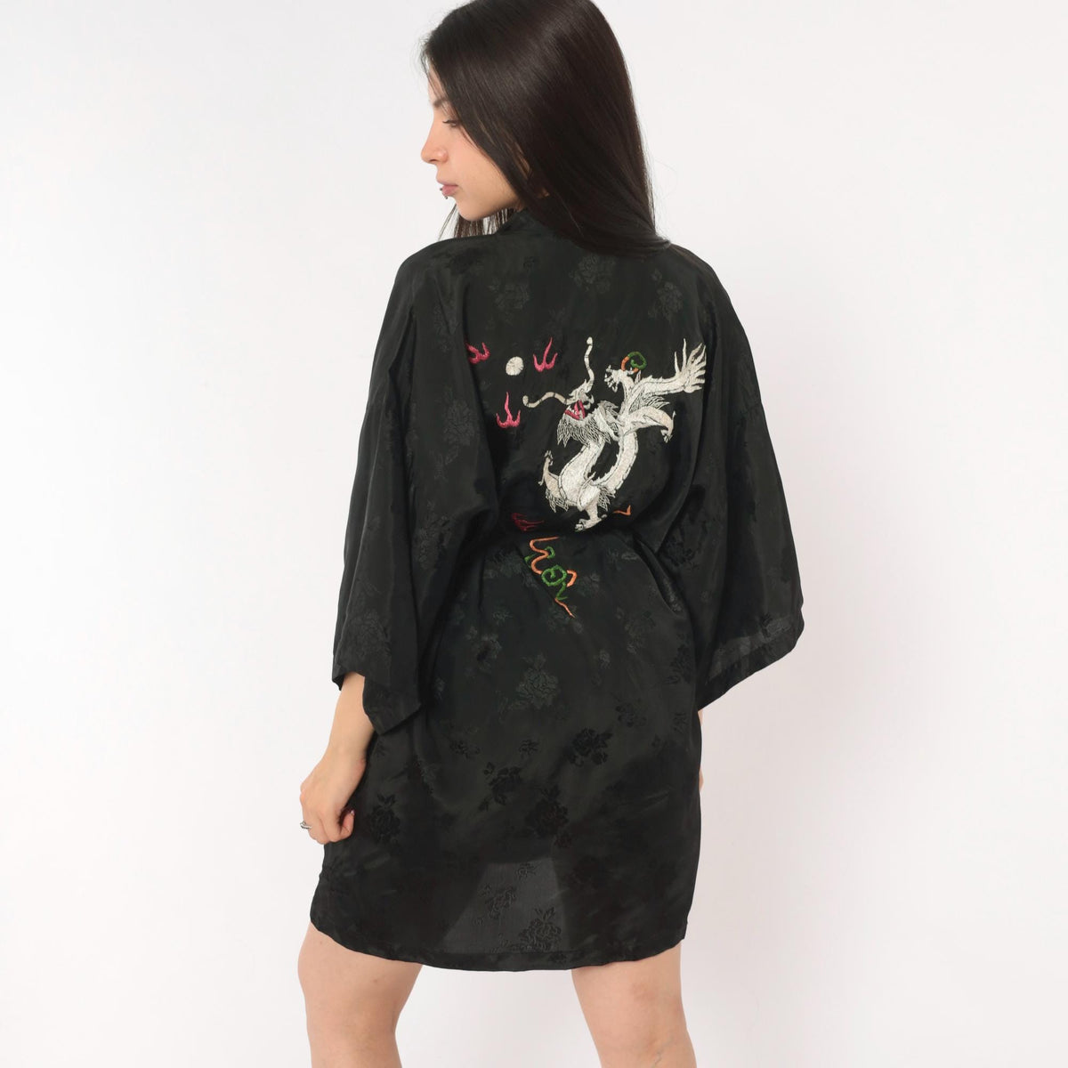 90s Golden Bee Black Satin Kimono Robe Dragon Embroidered Medium M