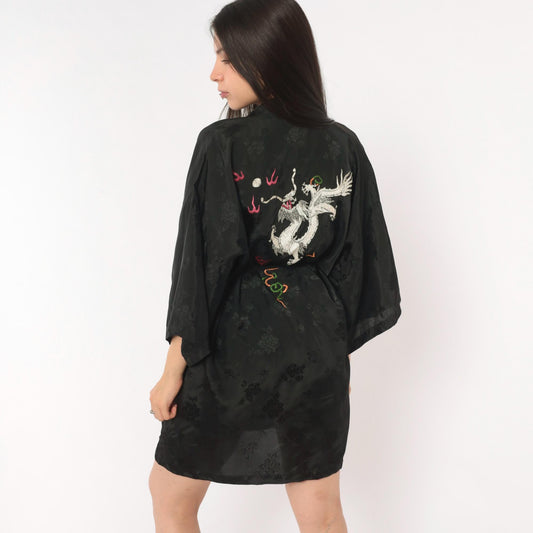 90s Golden Bee Black Satin Kimono Robe Dragon Embroidered Medium M