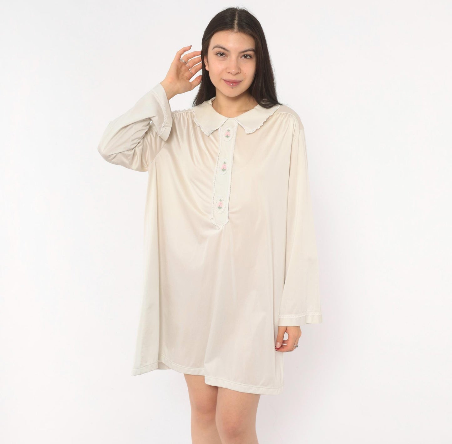 80s Embroidered Floral Nightgown Cream Peter Pan Collar Lace Trim Large L