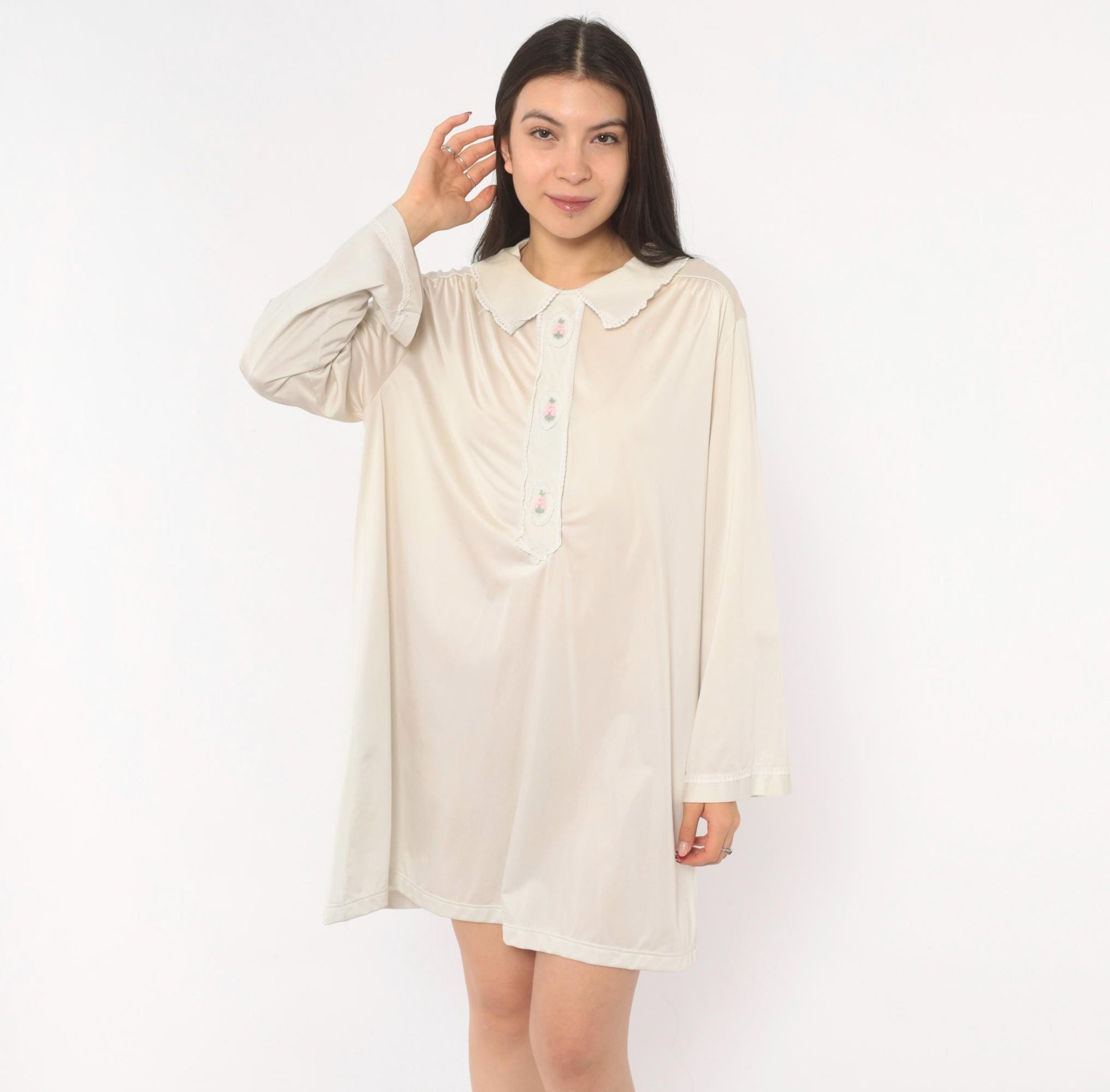 80s Embroidered Floral Nightgown Cream Peter Pan Collar Lace Trim Large L