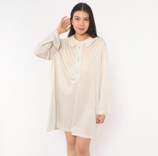 80s Embroidered Floral Nightgown Cream Peter Pan Collar Lace Trim Large L