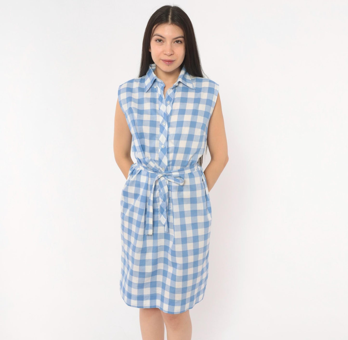 60s Laura Mae Life Gingham Shirt Dress Blue White Check Knee-Length Cotton Medium M