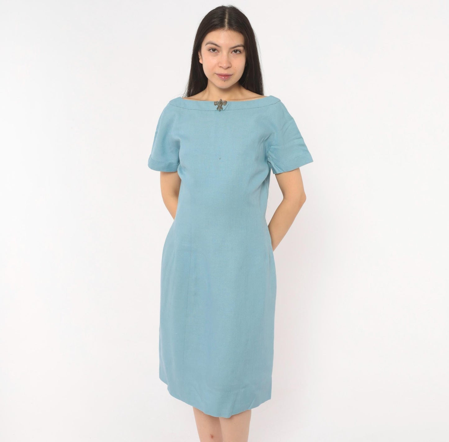 60s Mod Shift Dress Wool Boat Neck Blue Silver Brooch Large L