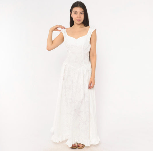 80s White Cotton Maxi Dress Sweetheart Neckline Basque Waist Floral Extra Small