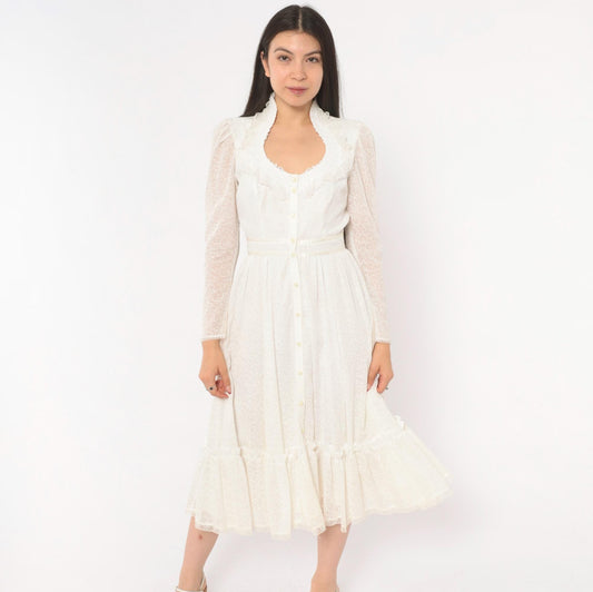70s Gunne Sax Prairie Dress White Floral Lace Ruffle Scoop Neckline Extra Small