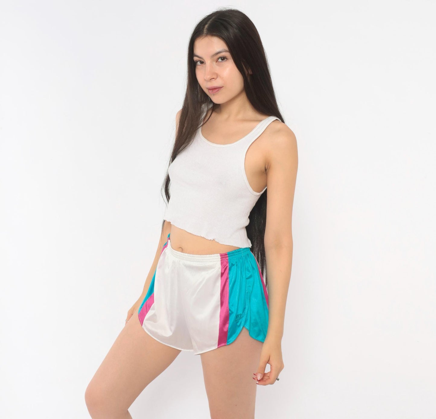 80s Nike Running Shorts White Teal Pink Color Block Small S