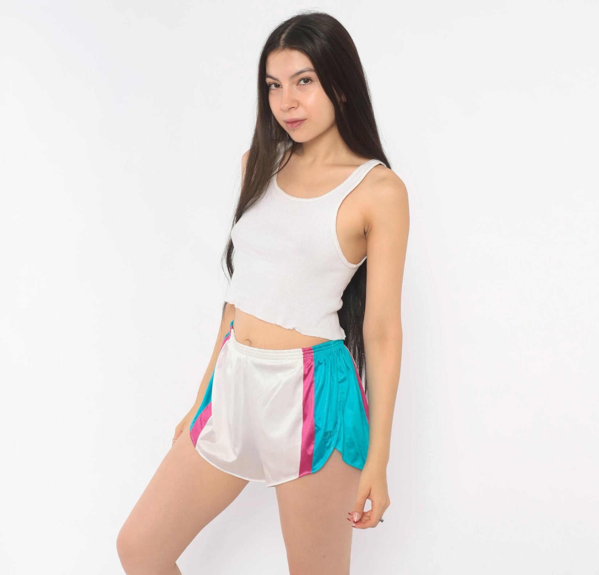 80s Nike Running Shorts White Teal Pink Color Block Small S