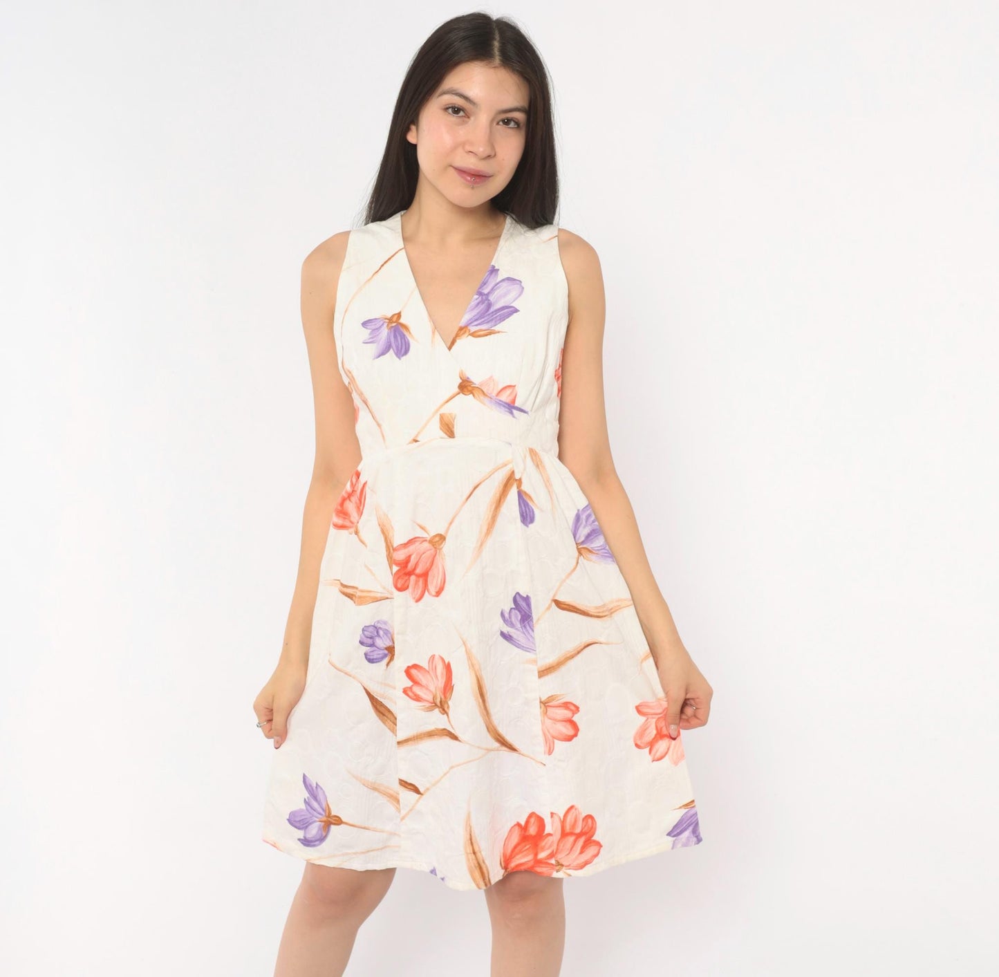 70s Tori Richard Floral Cotton Mini Dress V-Neck Wrap Ivory Small S
