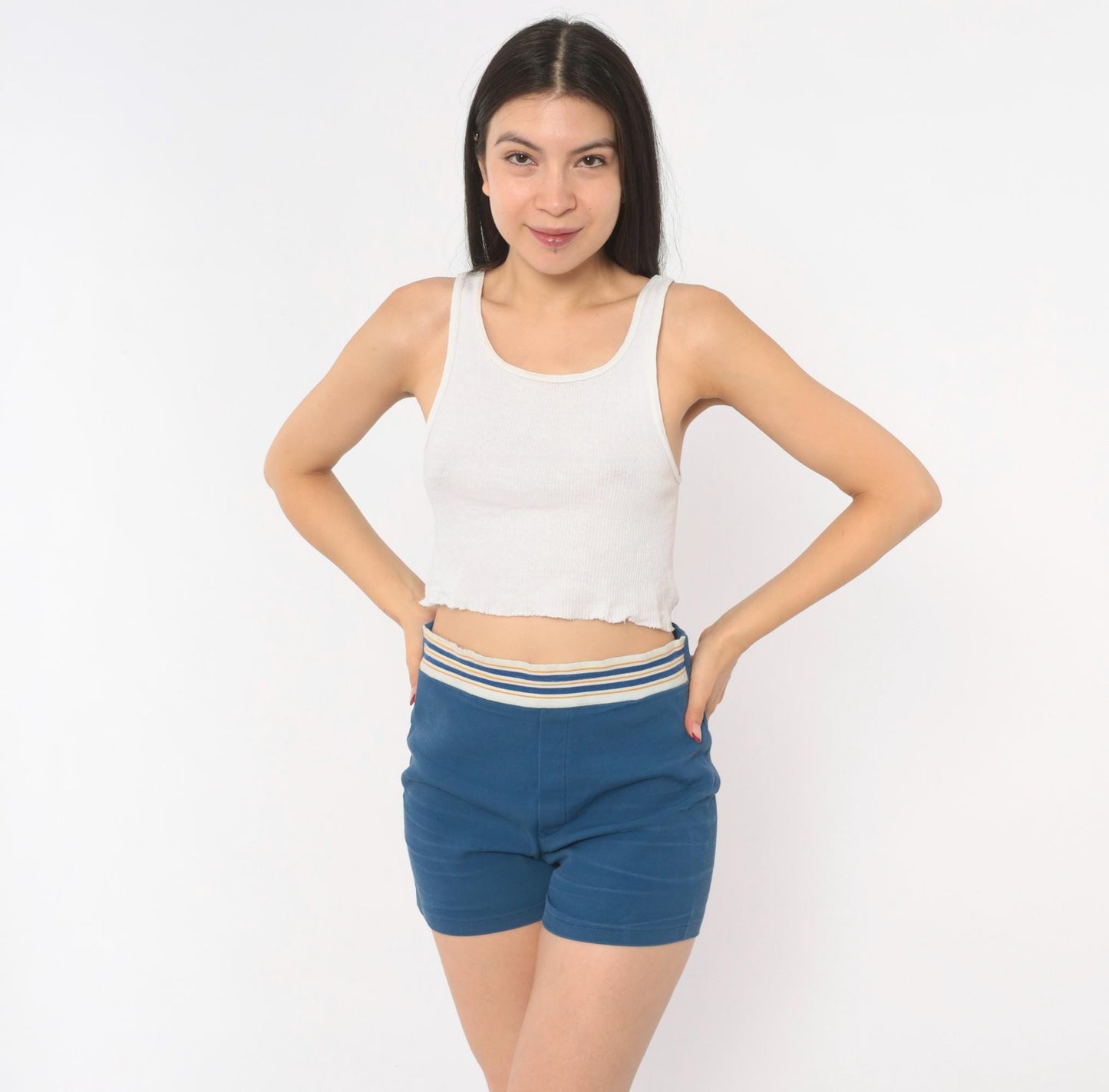 70s Jantzen Striped High-Rise Swim Shorts Navy Blue Small