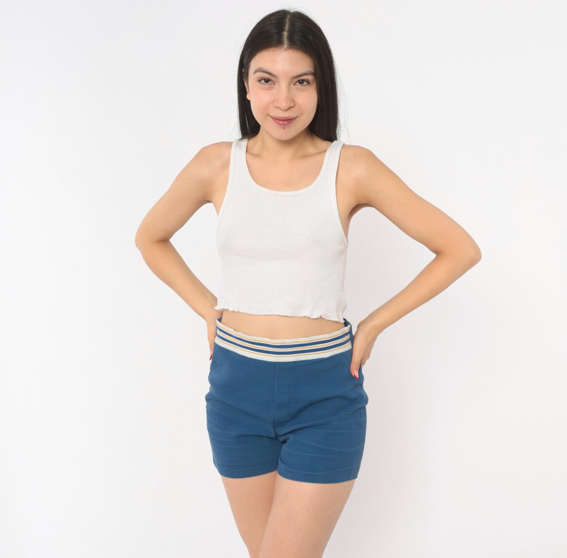 70s Jantzen Striped High-Rise Swim Shorts Navy Blue Small