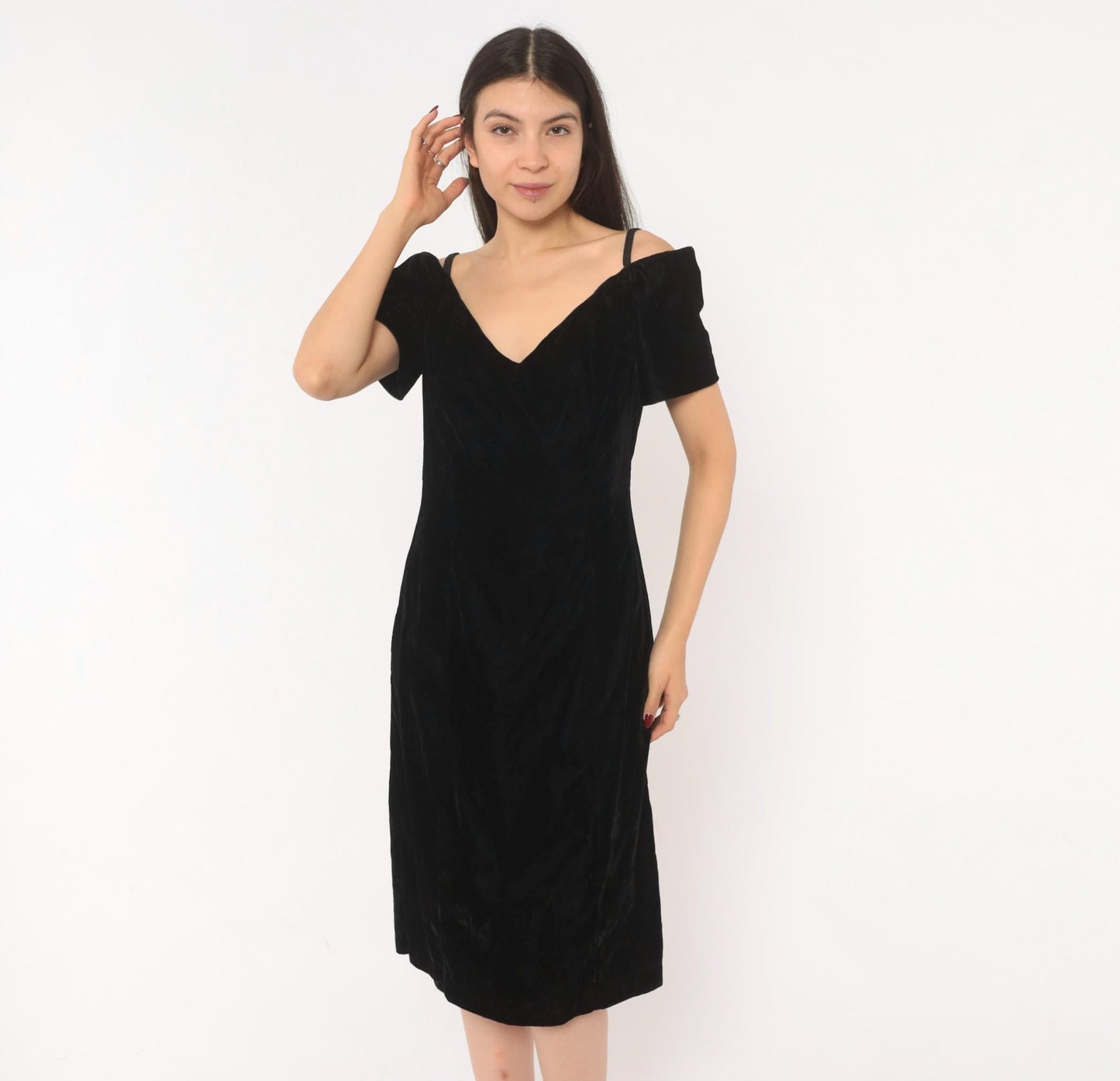90s Black Velvet Off-Shoulder Dress V-Neck Spaghetti Strap Knee Length Medium M