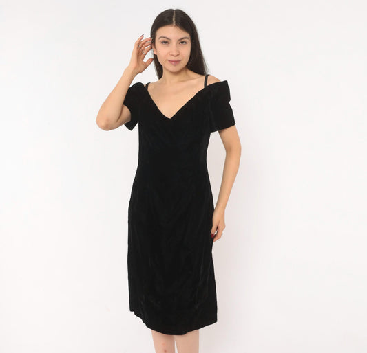 90s Black Velvet Off-Shoulder Dress V-Neck Spaghetti Strap Knee Length Medium M