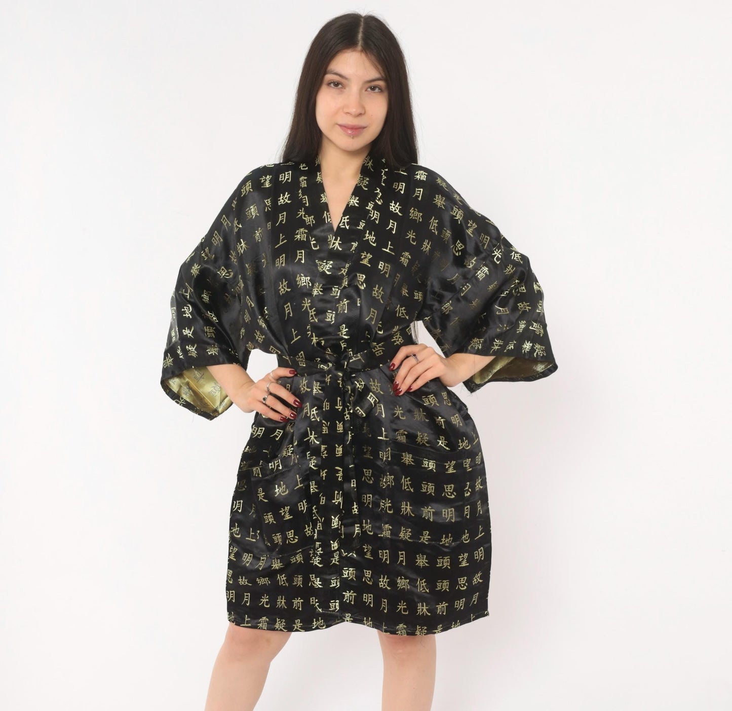 90s Chinese Calligraphy Kimono Robe Black Gold Wrap Tie Front Extra Large