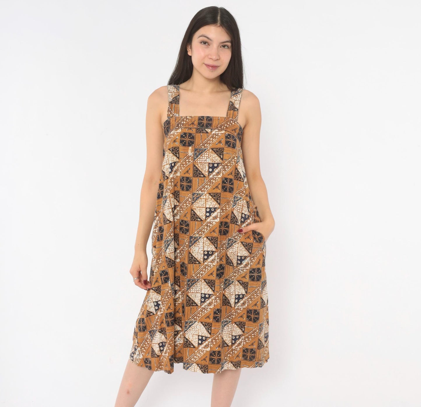80s Batik Sundress Tan Navy Cotton Square Neck A-Line Knee Length Extra Small