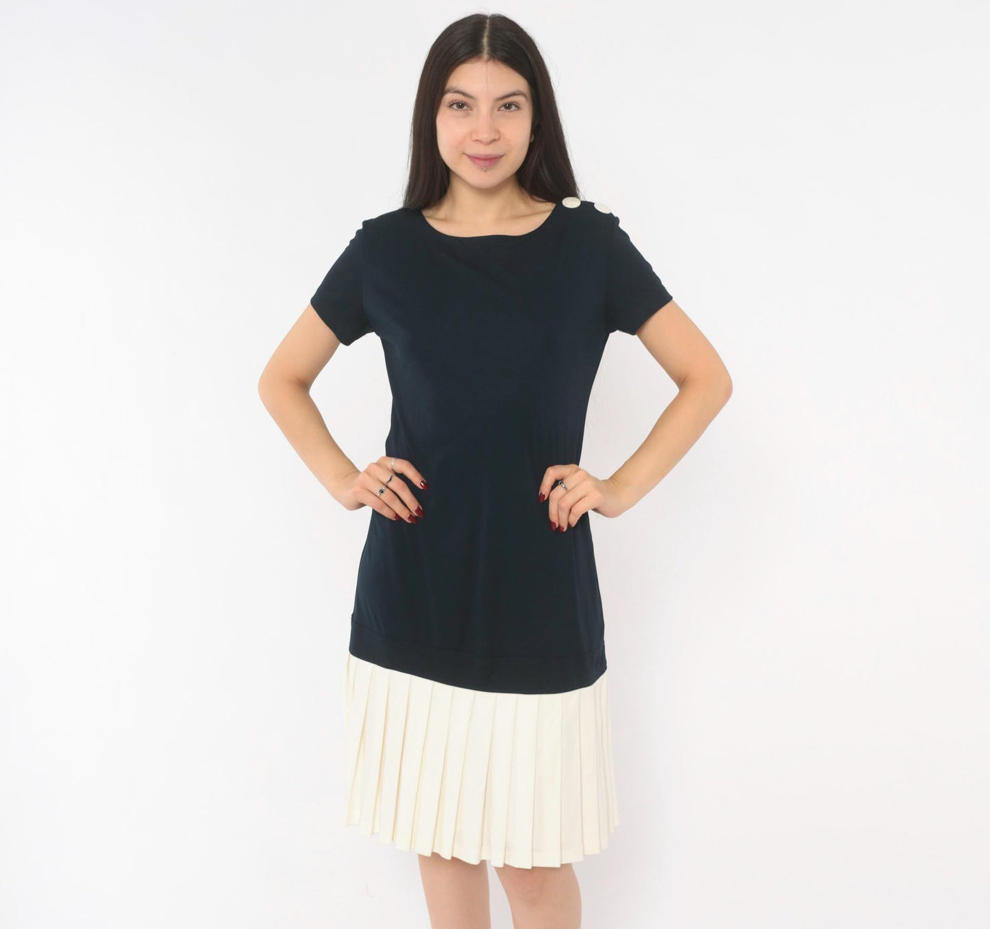 90s Robbie Bee Drop Waist Dress Navy Cream Pleated Colorblock Small
