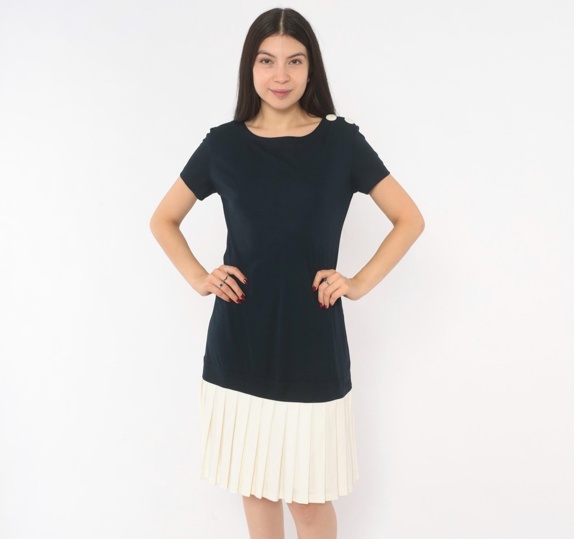 90s Robbie Bee Drop Waist Dress Navy Cream Pleated Colorblock Small