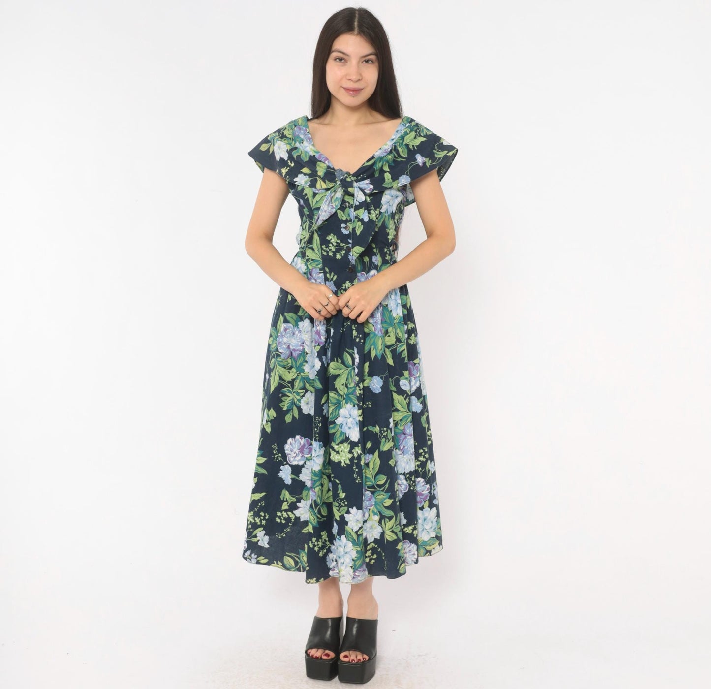 80s Jessica Howard Navy Floral Cotton Dress Sailor Collar Button Front Medium