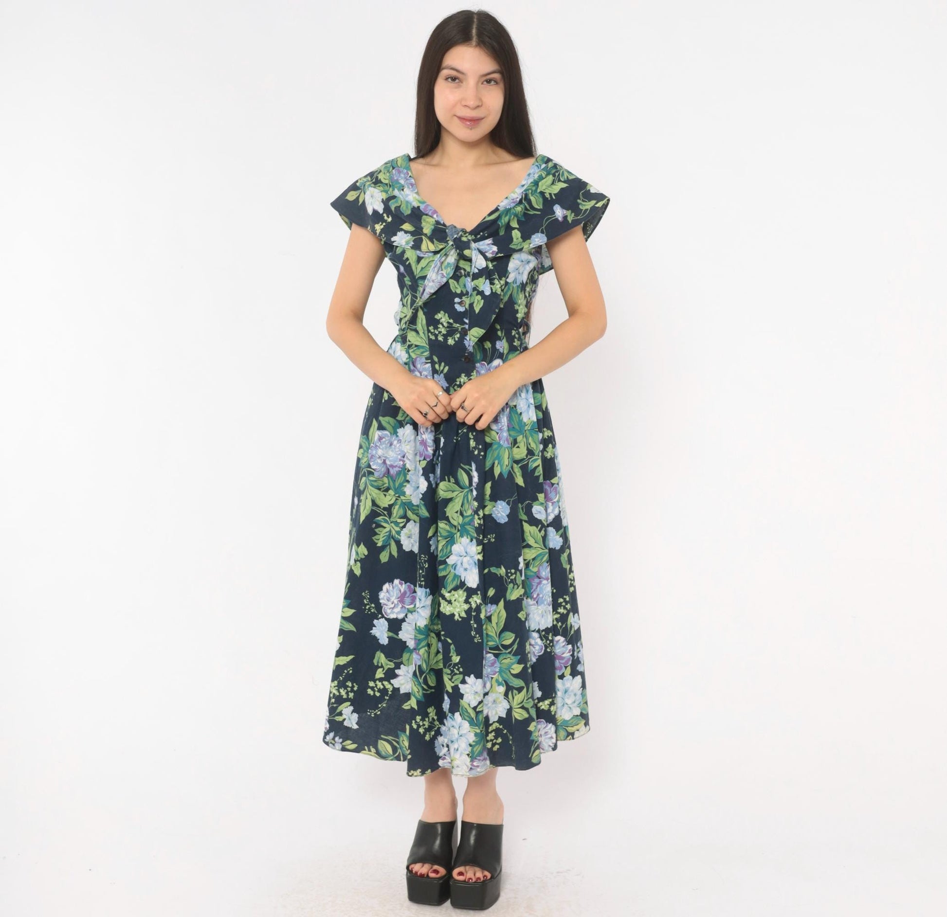 80s Jessica Howard Navy Floral Cotton Dress Sailor Collar Button Front Medium