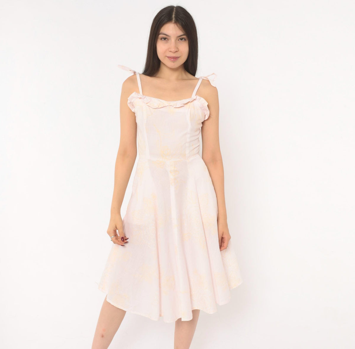 80s Blush Pink Floral Sundress Sweetheart Neckline Ruffle Tie Straps Extra Small XS
