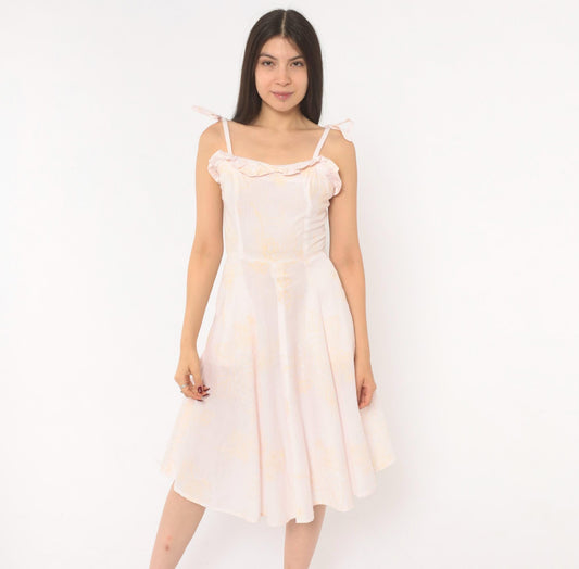 80s Blush Pink Floral Sundress Sweetheart Neckline Ruffle Tie Straps Extra Small XS