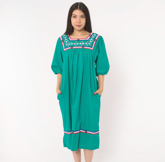 80s Naqui Teal Cotton Dress Embroidered Floral Yoke Puff Sleeve Small S