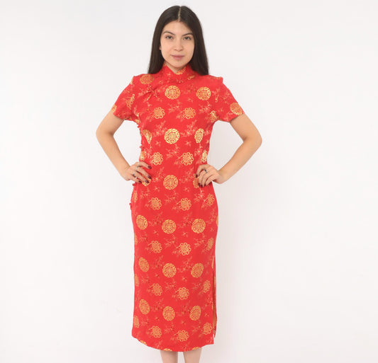 80s Red Gold Cheongsam Midi Dress Mandarin Collar Frog Button Small
