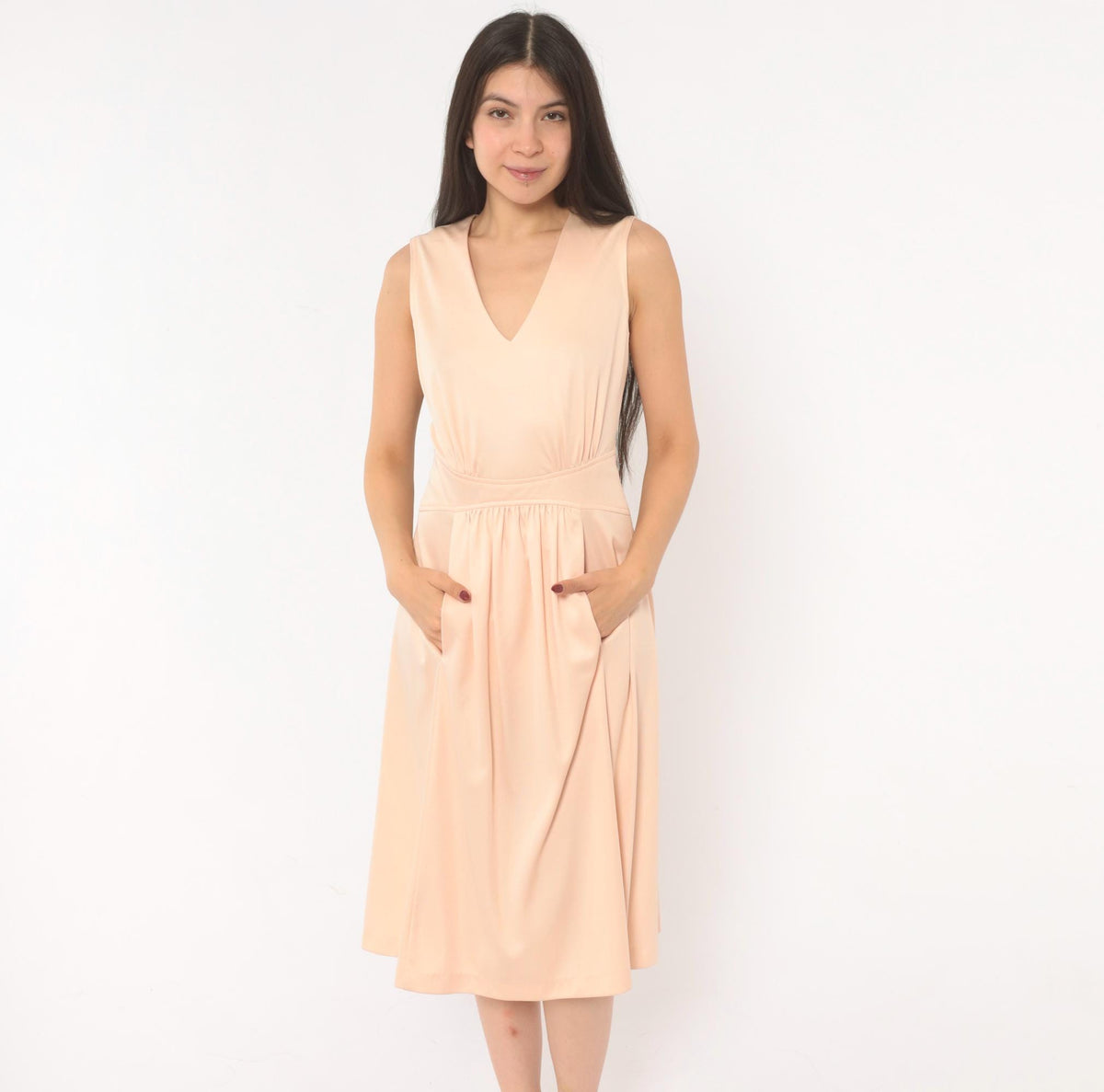 70s Plaza South Peach V-Neck Sundress Pleated Flare Midi Small