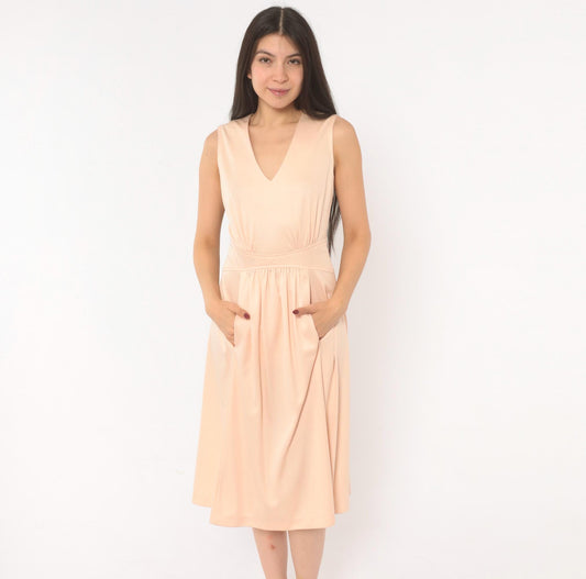 70s Plaza South Peach V-Neck Sundress Pleated Flare Midi Small