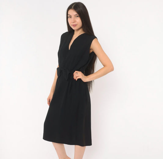 60s Black Mod Sleeveless Dress Bow Waist Knee Length A-Line Large L