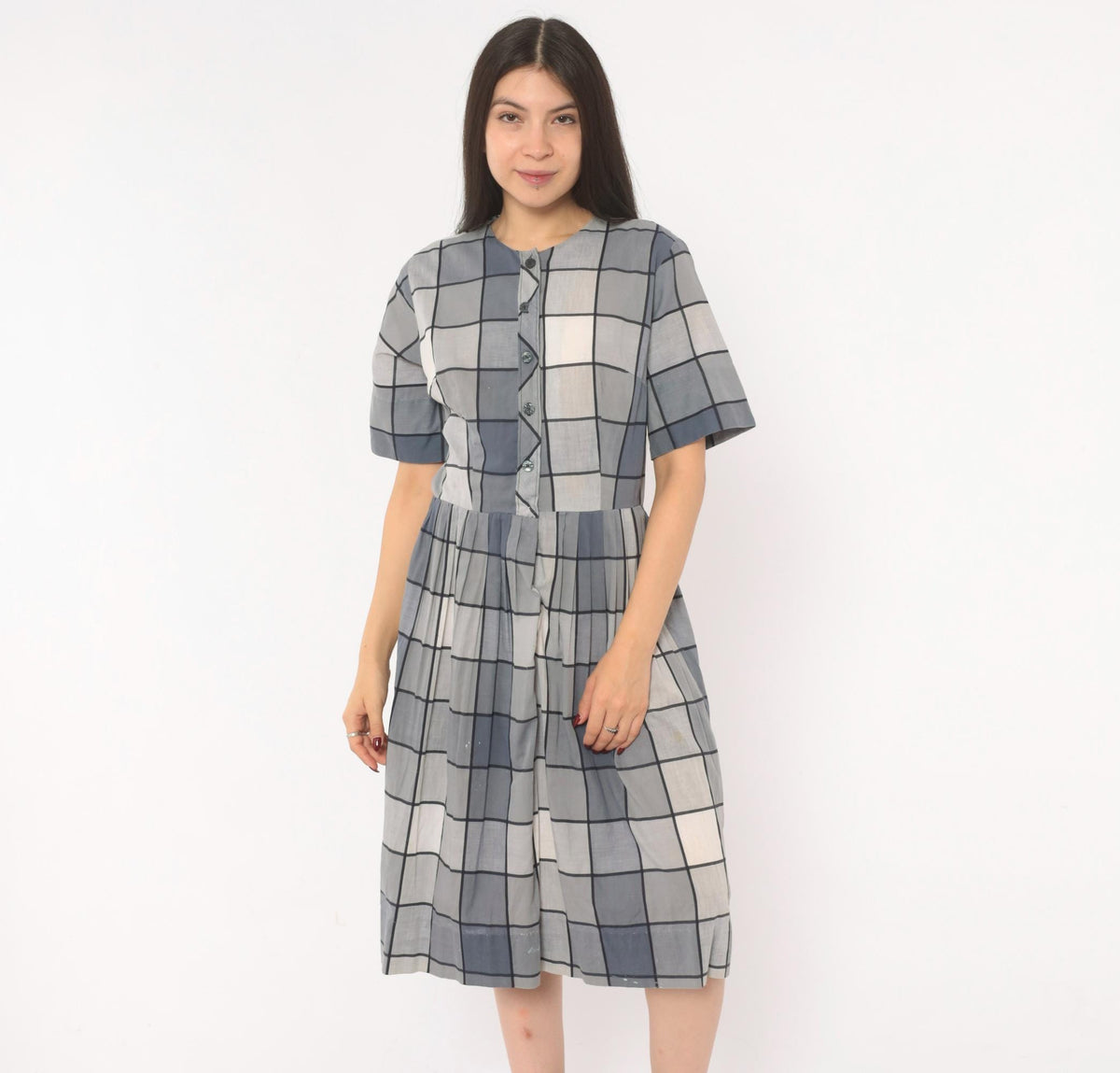 80s Windowpane Plaid Cotton Midi Dress Grey Blue Button Front Medium