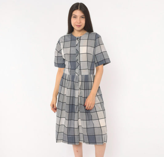 80s Windowpane Plaid Cotton Midi Dress Grey Blue Button Front Medium