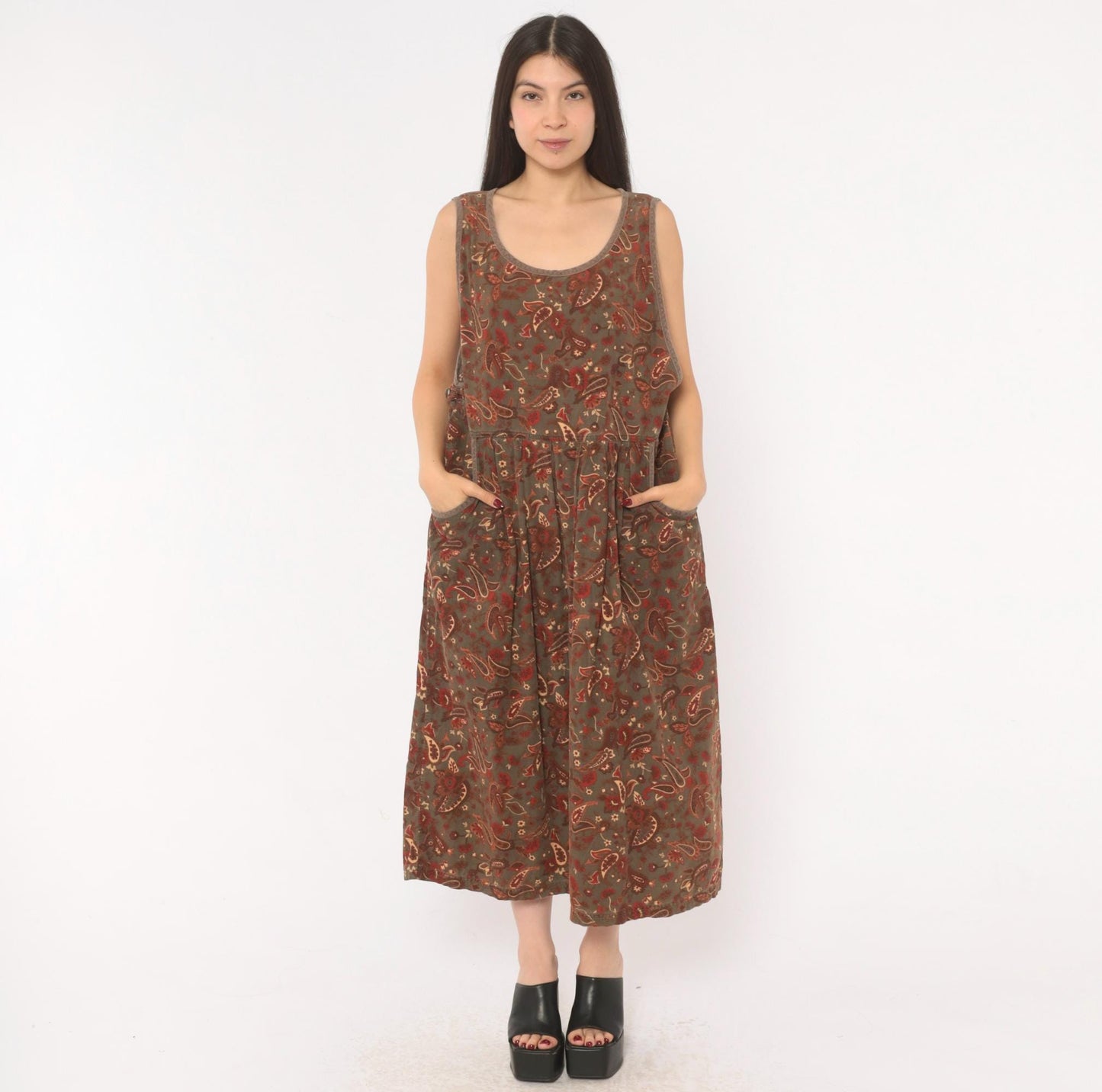 90s Erika Paisley Corduroy Jumper Dress Olive Maxi Pleated Skirt Extra Large XXL