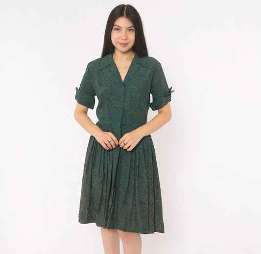 60s Paisley Shirtdress Green Blue Mod Mini Dress Button Front Small