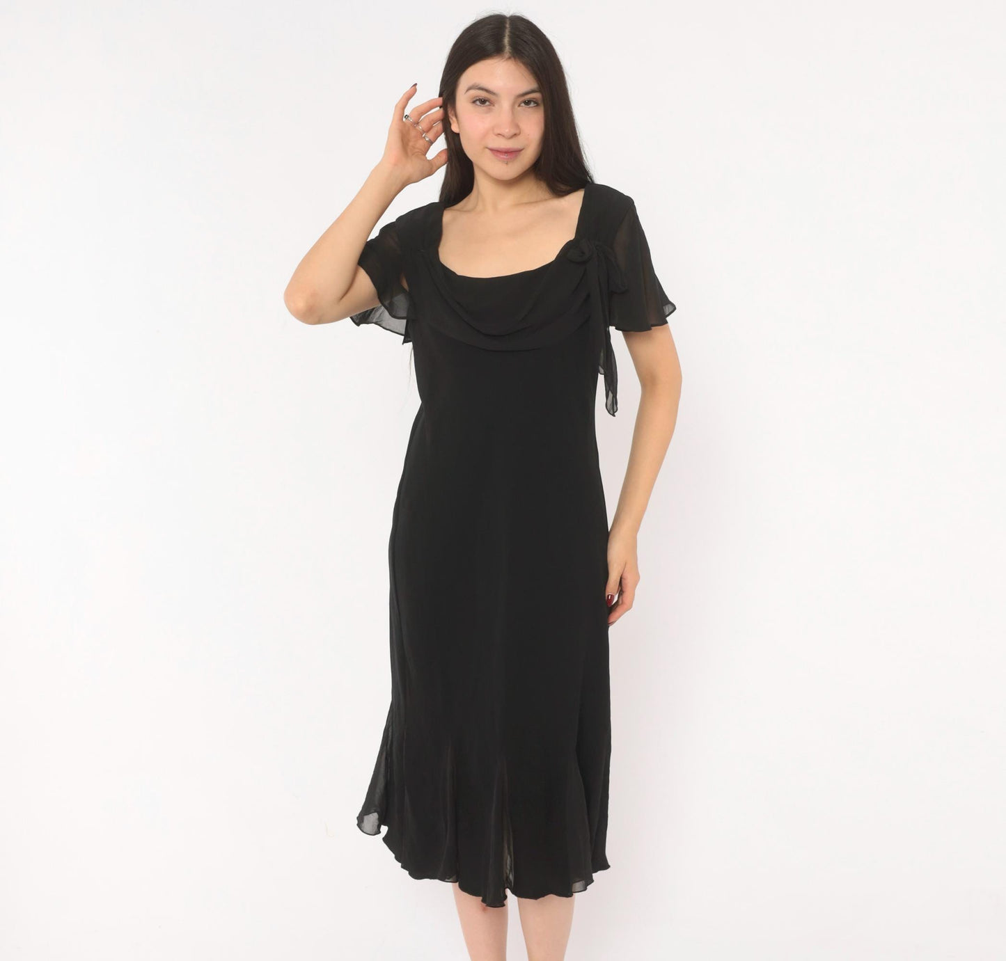 90s SL Fashions Black Chiffon Midi Dress Cowl Neck Flutter Sleeve Large