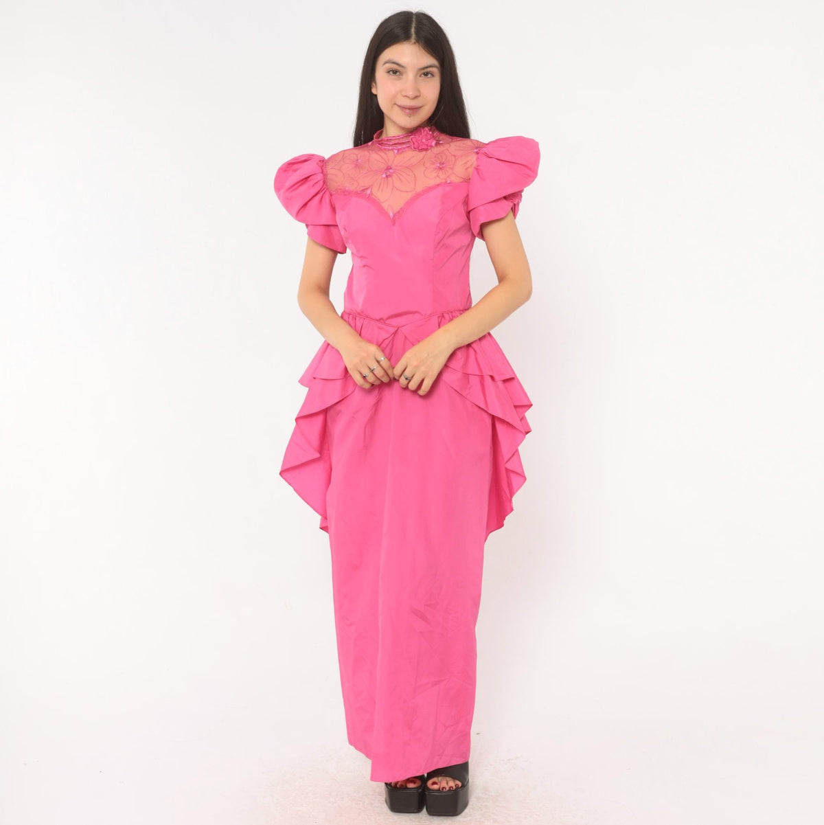 80s Eve Of Milady Hot Pink Maxi Gown Puff Sleeve Peplum Lace Bodice Small