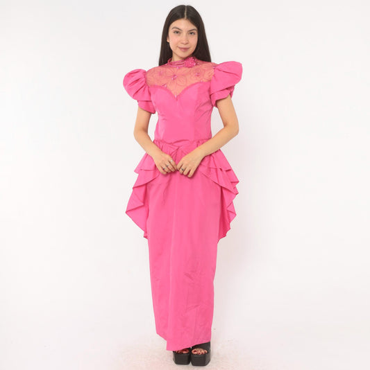 80s Eve Of Milady Hot Pink Maxi Gown Puff Sleeve Peplum Lace Bodice Small