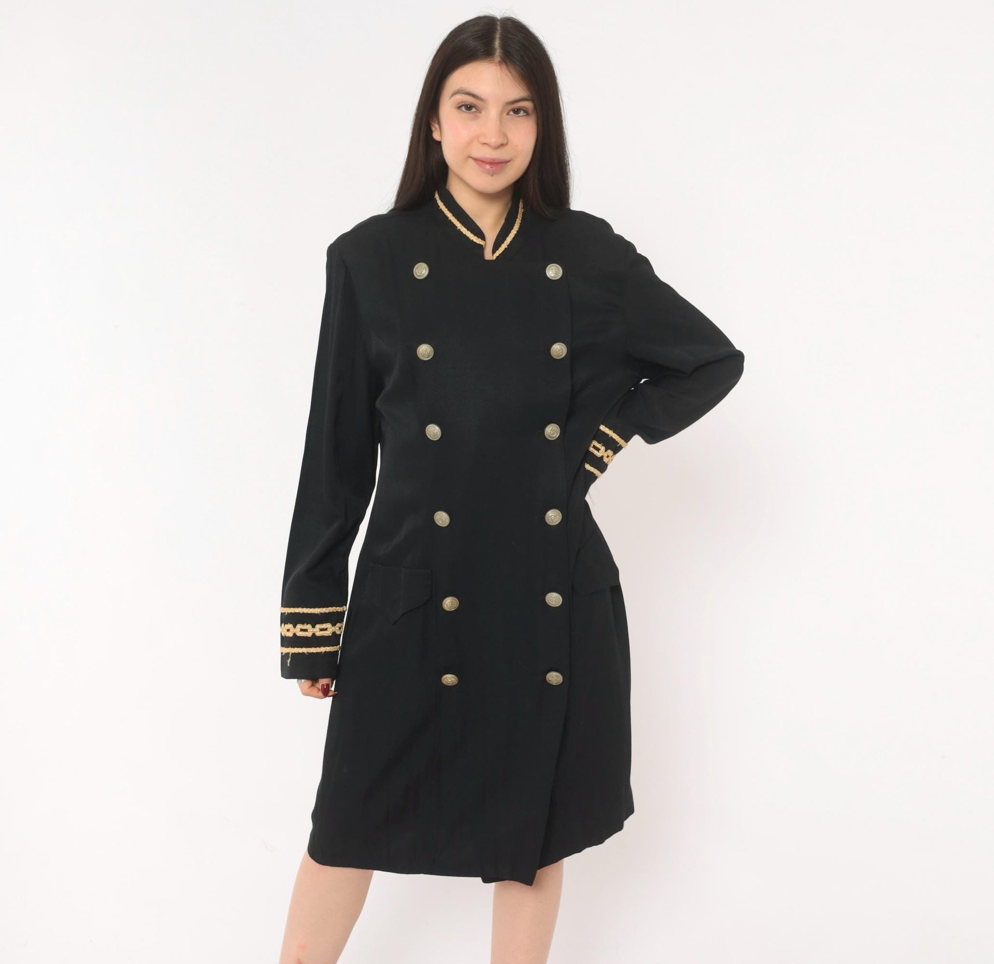 90s Marnie West Military Coat Dress Black Gold Chain Mandarin Collar Large L