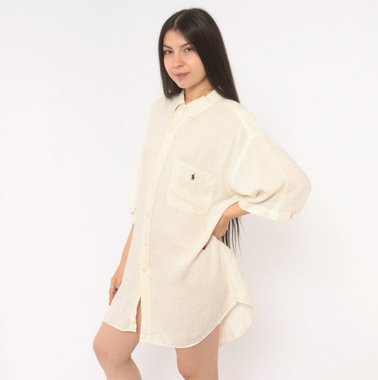 Ralph Lauren Linen Button Down Shirt Cream Polo Logo Short Sleeve Extra Large XL