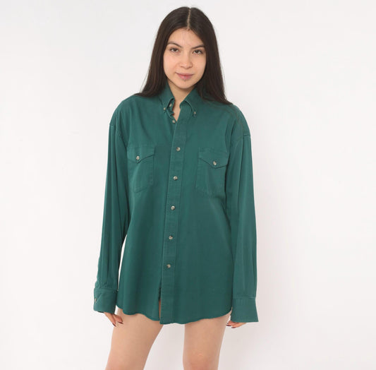 90s Wrangler Western Shirt Forest Green Cotton Button Down Long Sleeve Large