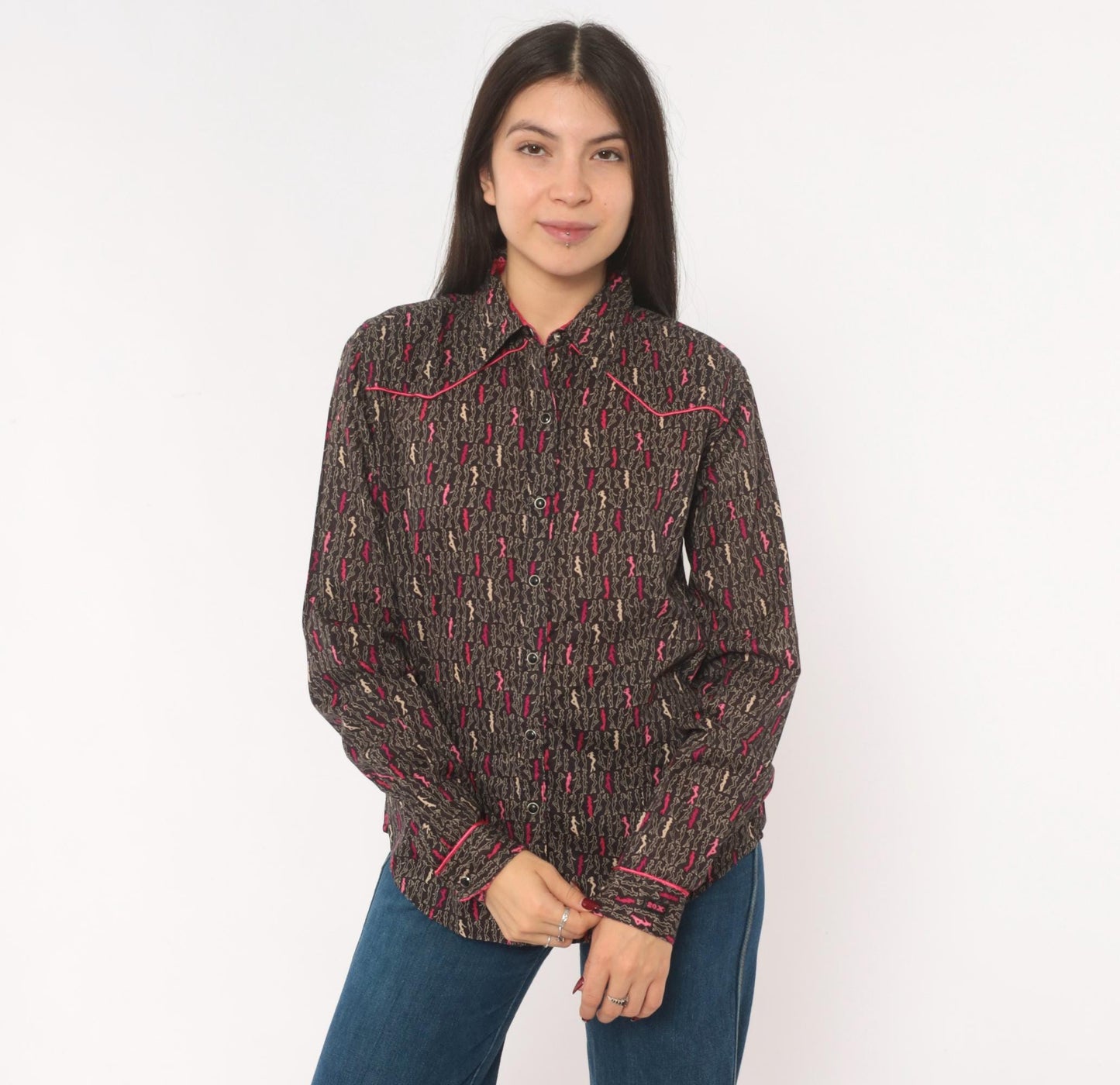 Y2K Ultra Twenty X Western Snap Shirt Cowgirl Print Grey Pink Cotton Medium M