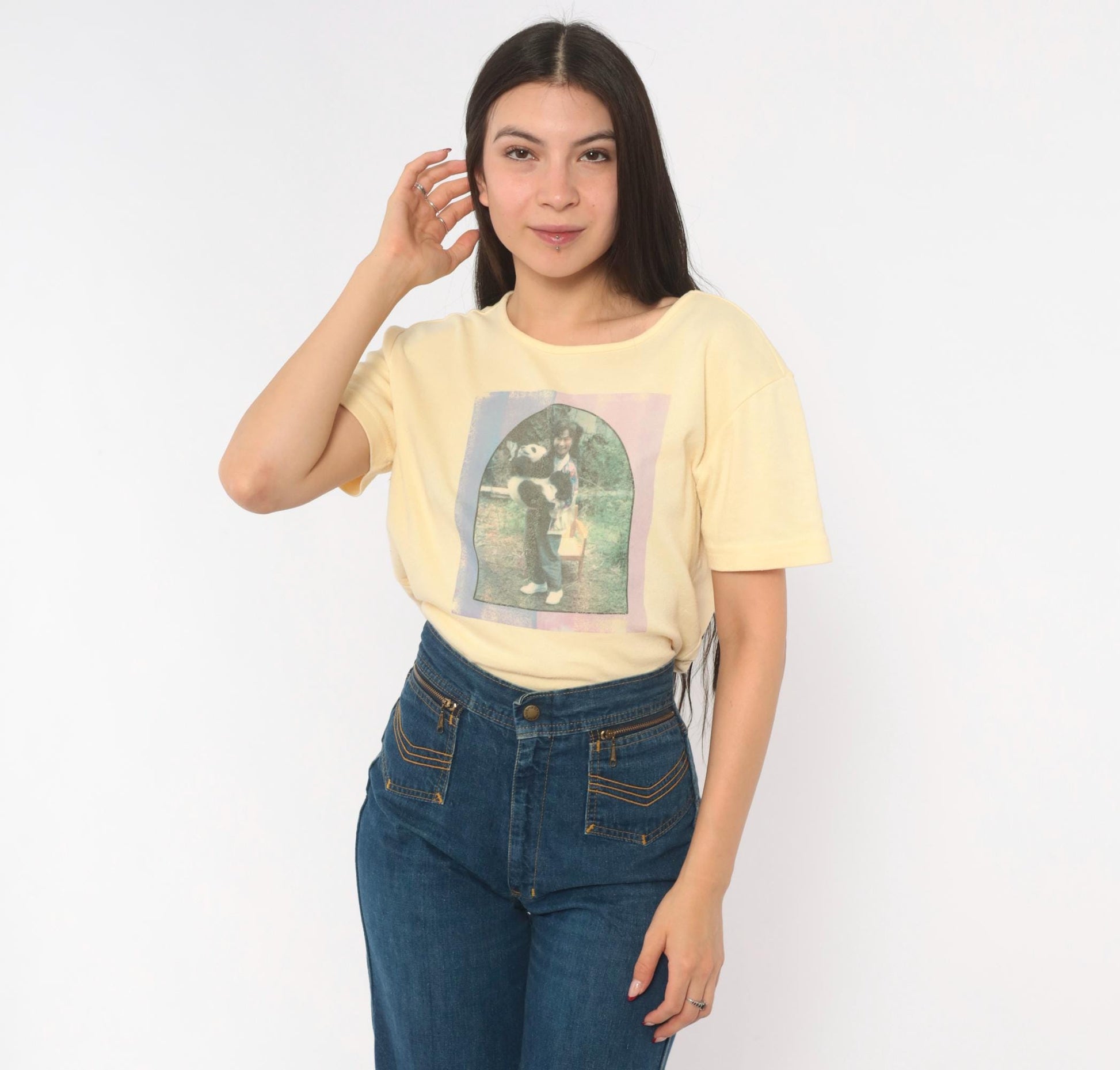 90s Basic Editions Panda Photo Print Tee Butter Yellow Heart Graphic Small
