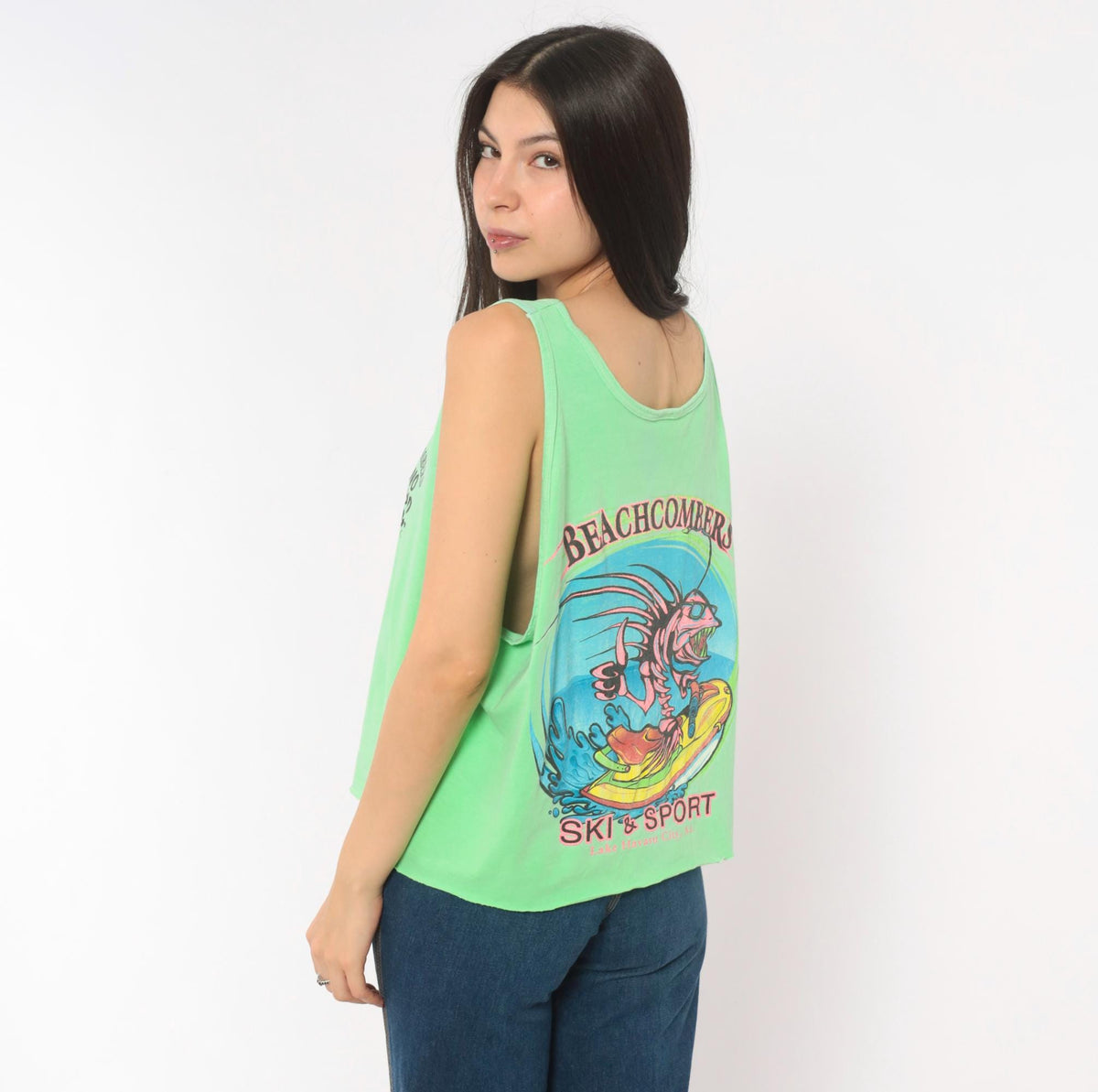 90s Authentic Pigment Neon Green Tank Top Jet Ski Graphic Lake Havasu Large