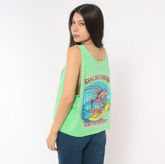 90s Authentic Pigment Neon Green Tank Top Jet Ski Graphic Lake Havasu Large
