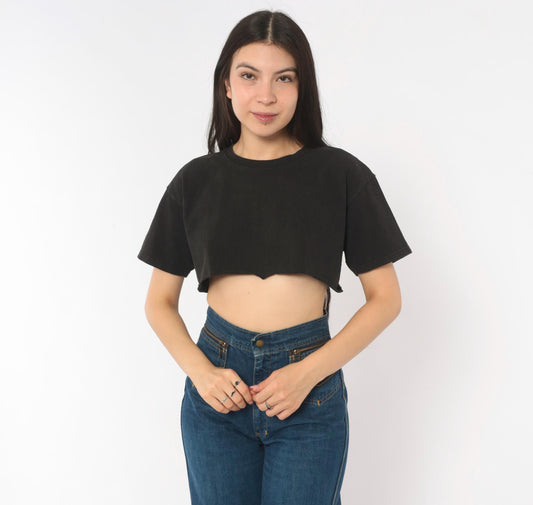 90s Lee Black Crop Top Raw Hem Cotton Tee Small S