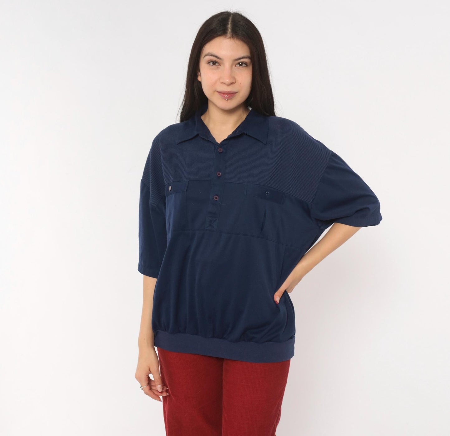 90s Navy Polo Shirt Classics Ribbed Yoke Button Front Knit Extra Large XL