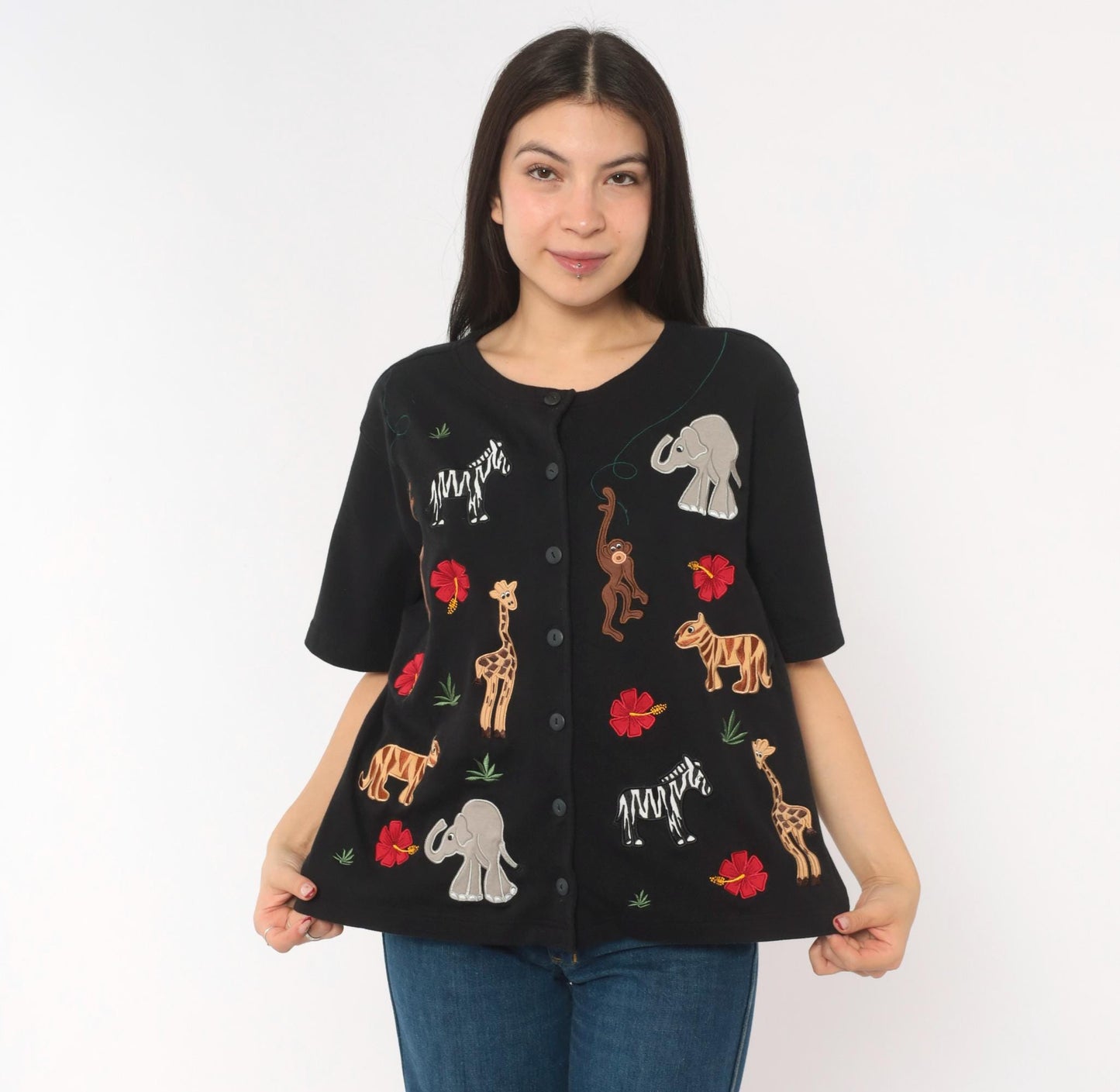 90s Bechamel Safari Animal Applique Cardigan Black Cotton Button Front Large L